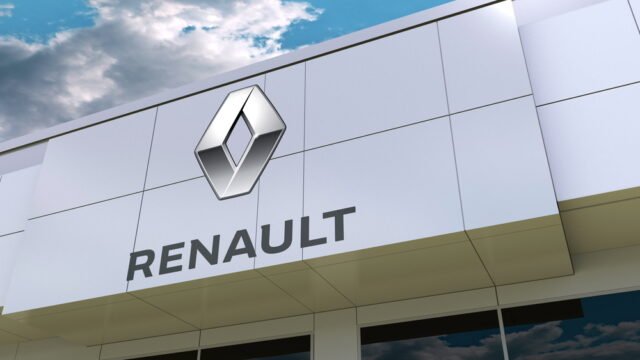 Groupe Renault logo on the modern building facade. Editorial 3D rendering